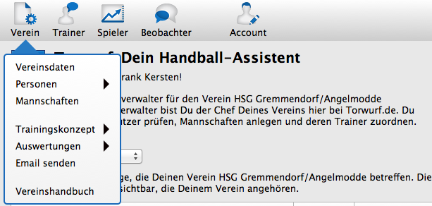 Torwurf.de: Funktionen für Vereinsverwalter